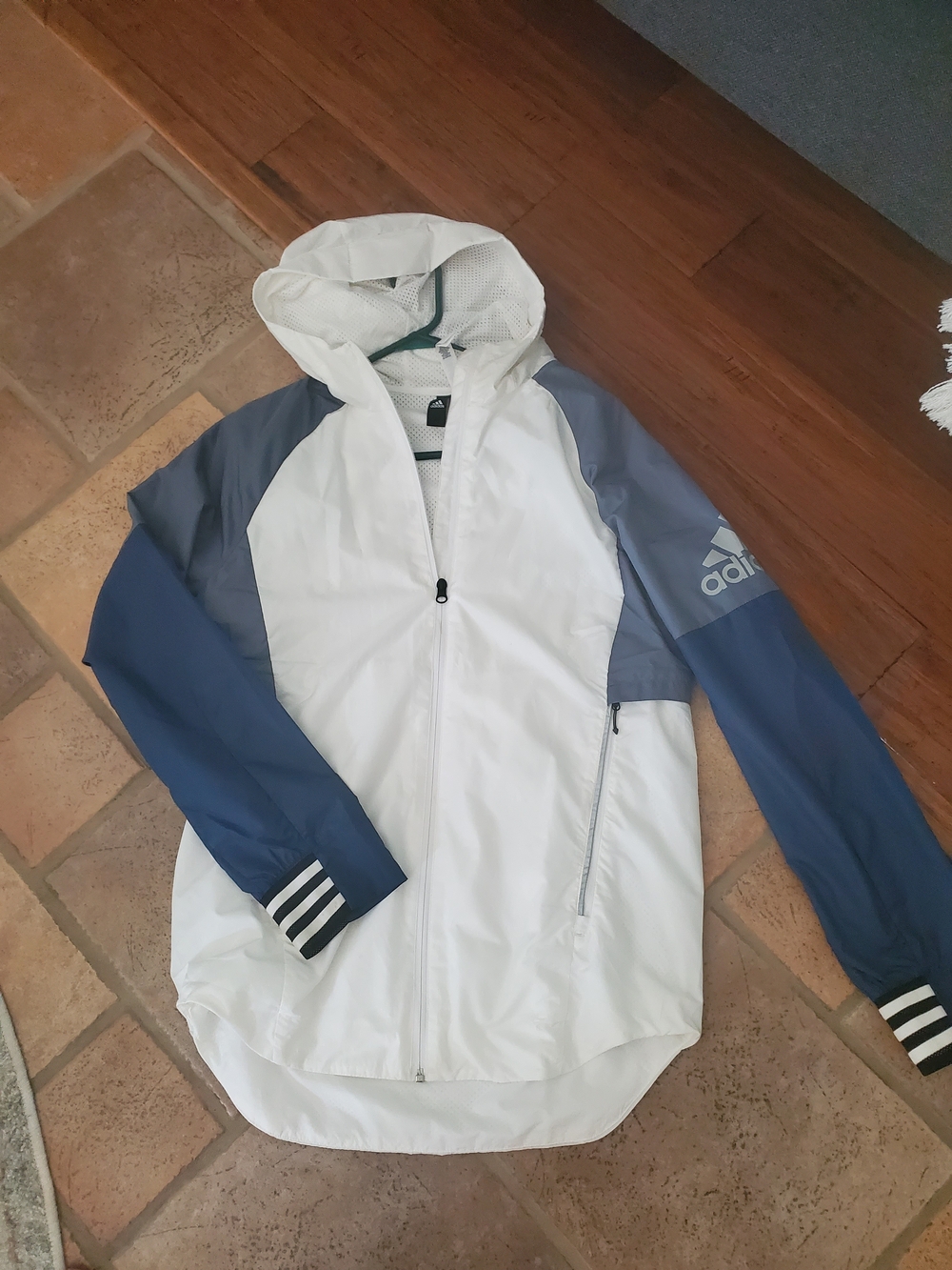 adidas White, Navy & Gray Hooded Windbreaker Jacket